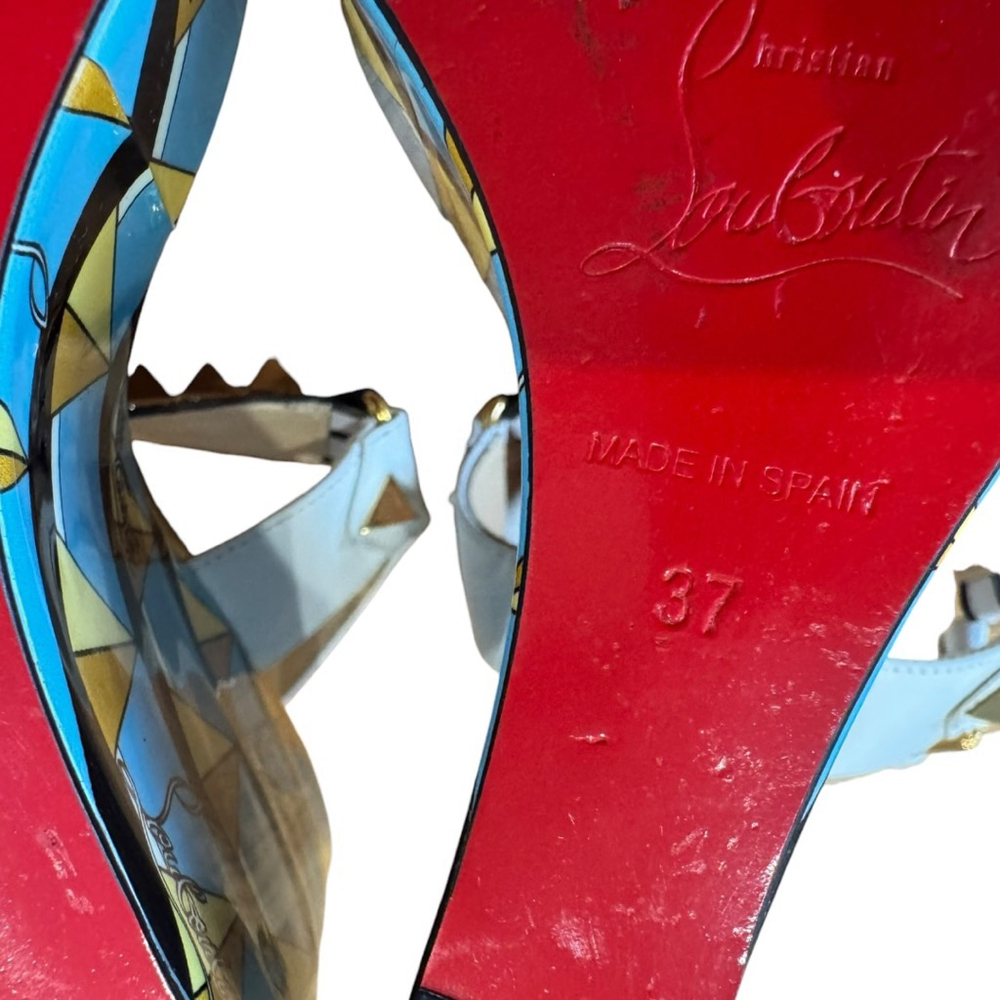 Christian Louboutin Griotta Wedge Sandal Size 37 White Gold Turquoise - Picture 8 of 8